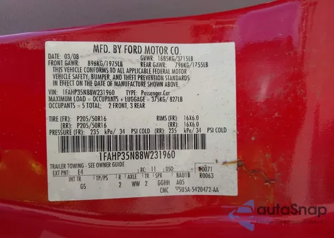 2008 Ford Focus Se/Ses из США, поврежденный, VIN 1FAHP35N88W231960